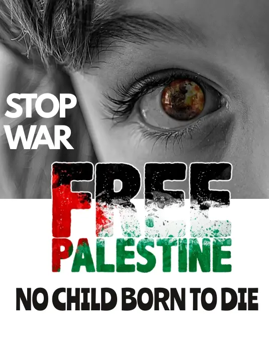“Poster showing one side of a Palestinian girl’s face with visible eyes, alongside text ‘Free Palestine’ and the Palestinian flag”