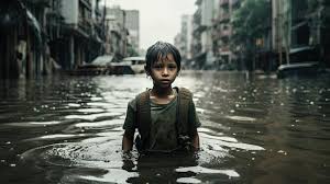 “Poor child standing in floodwater with hands raised, asking for help”